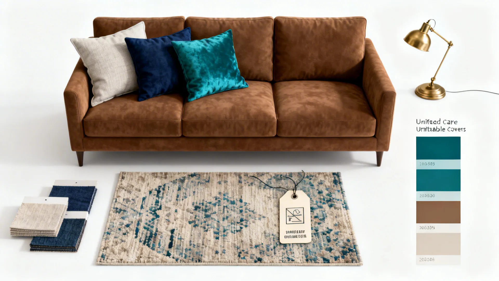 Flatlay of pillow swatches, rug sample, and brass accent for brown couch styling.