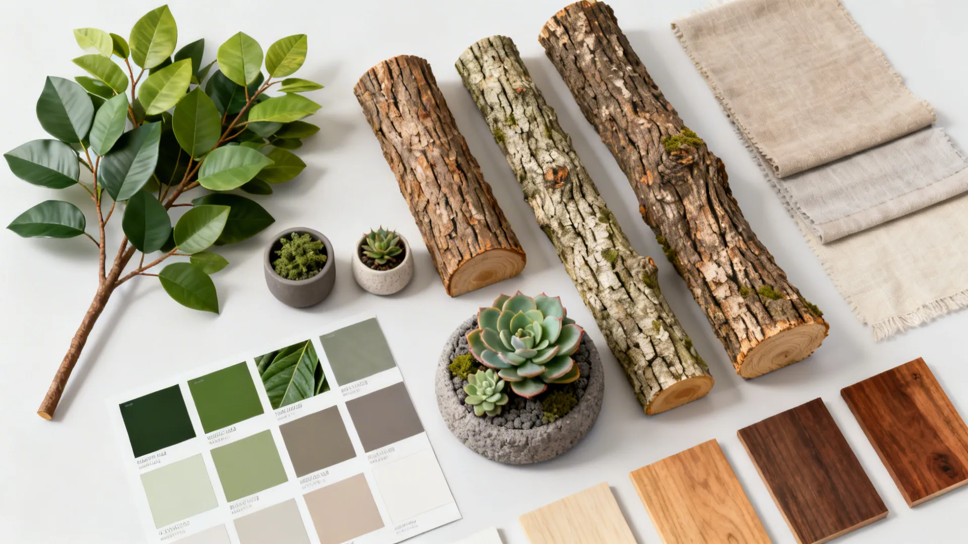 Flatlay of materials and swatches for styling faux trees including textured trunks and planters