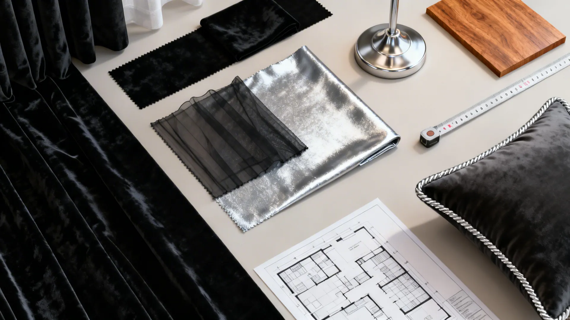 Interior design mood board with fabric samples wood piece measuring tape and a room layout