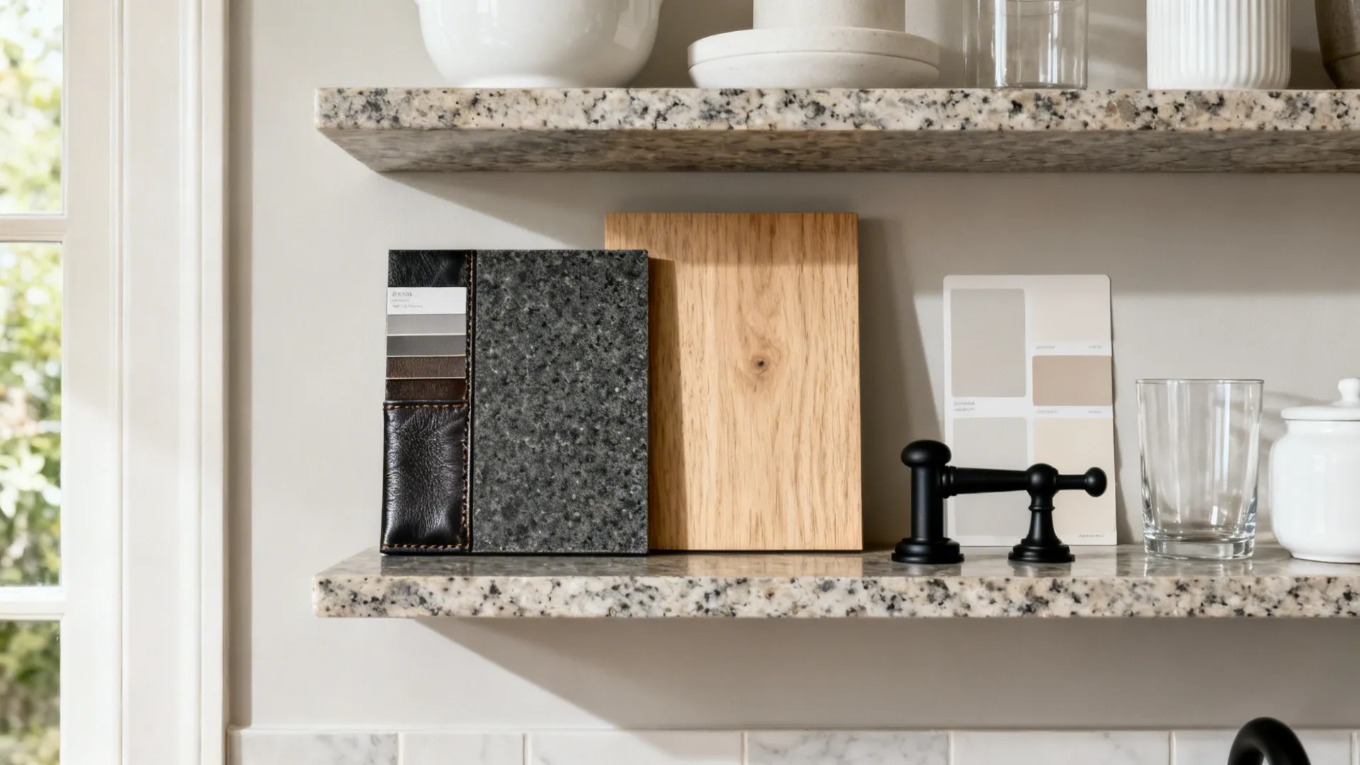 Flatlay with honed granite, leathered stone, light oak, matte black hardware, white ceramic, and glass.