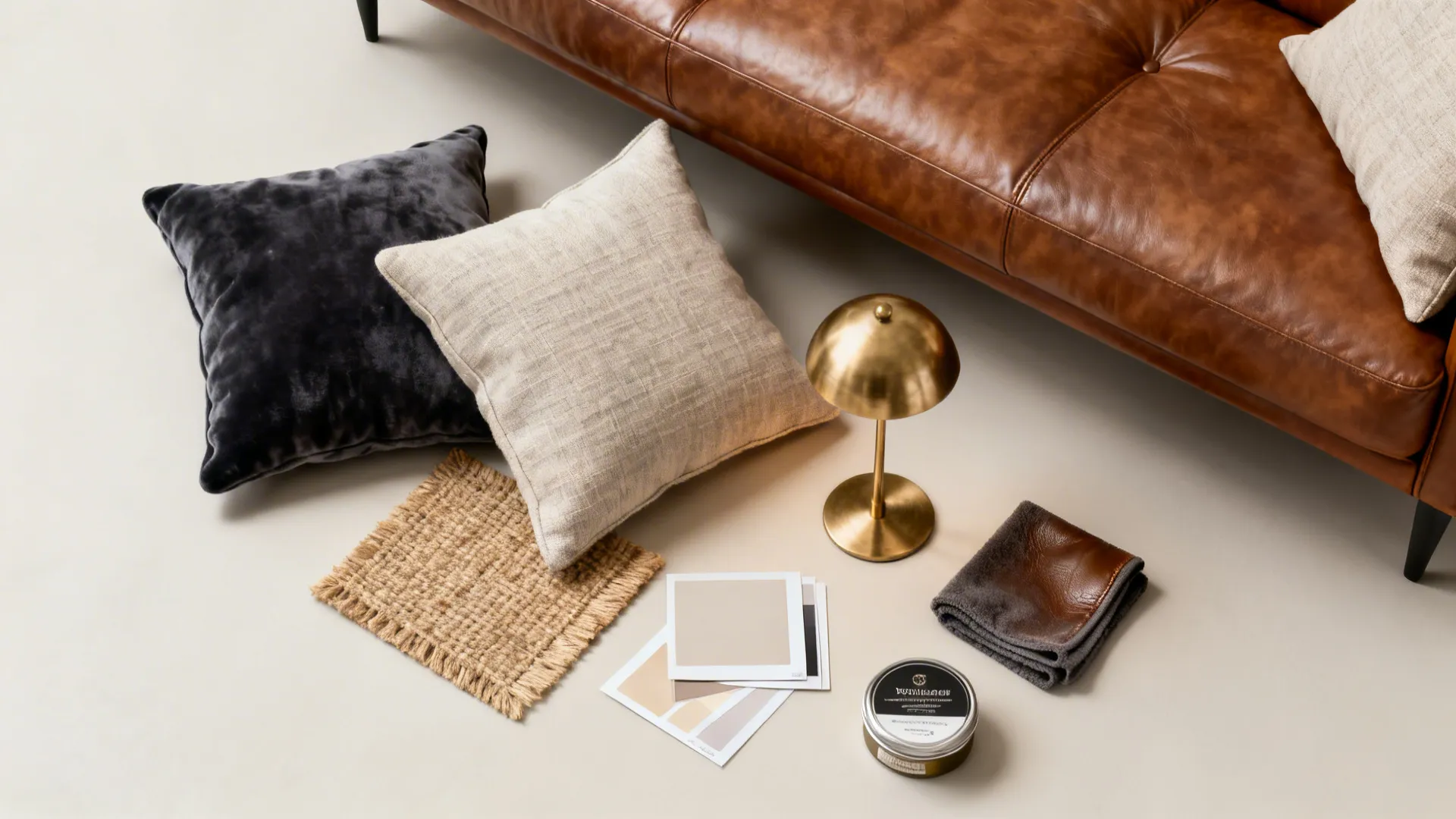 Flatlay of cushions, rug swatch and leather care items for styling a brown sofa.
