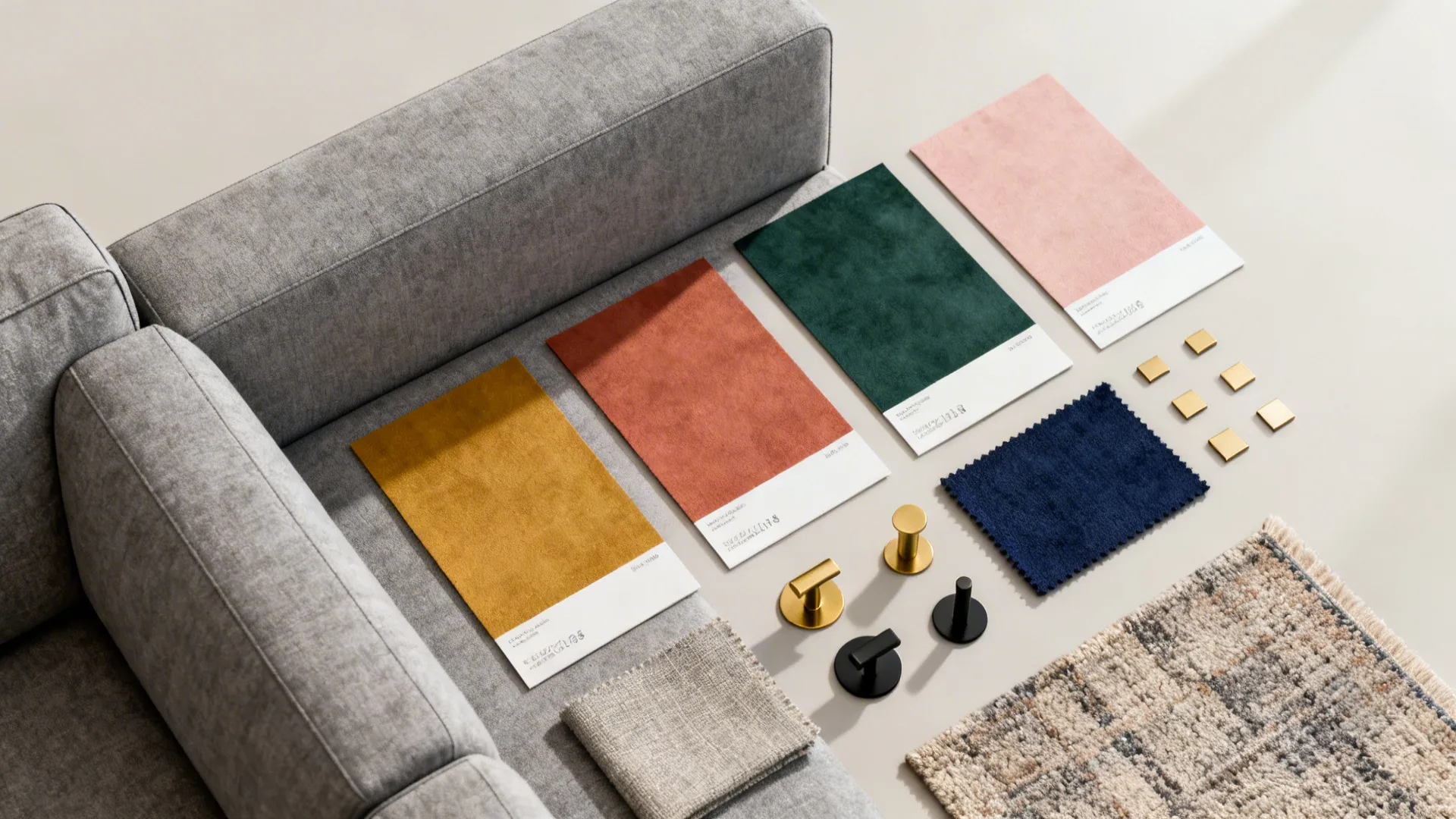 Interior design mood board with colorful fabric samples metal knobs and rug swatches on floor