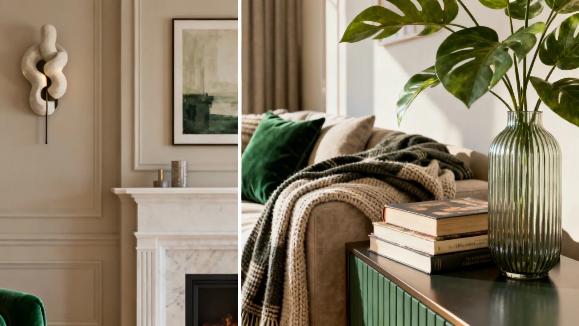 Detail views contrasting a minimal formal vignette with a layered, cozy living-room vignette.