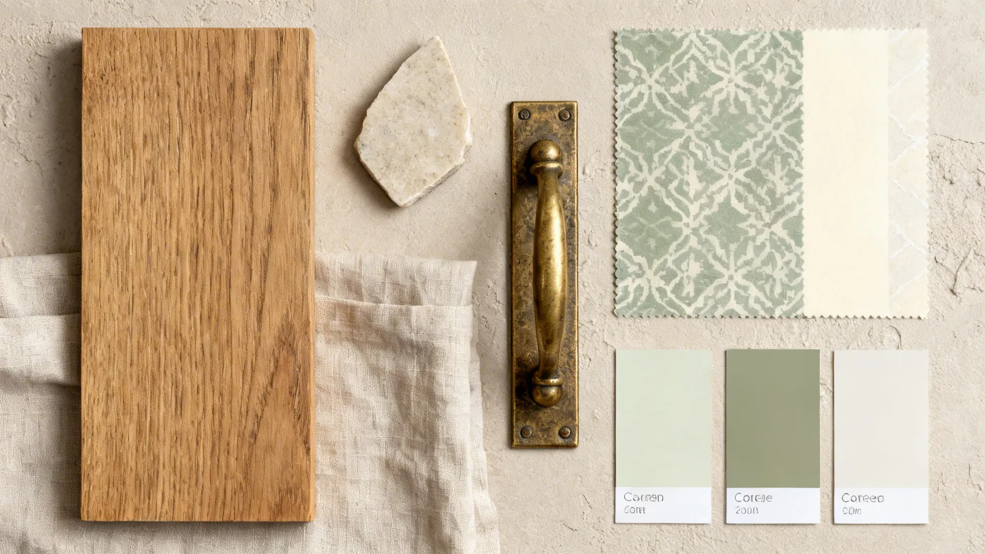 Flatlay with oak, honed stone, aged brass, linen, and a soft patterned swatch in muted tones.