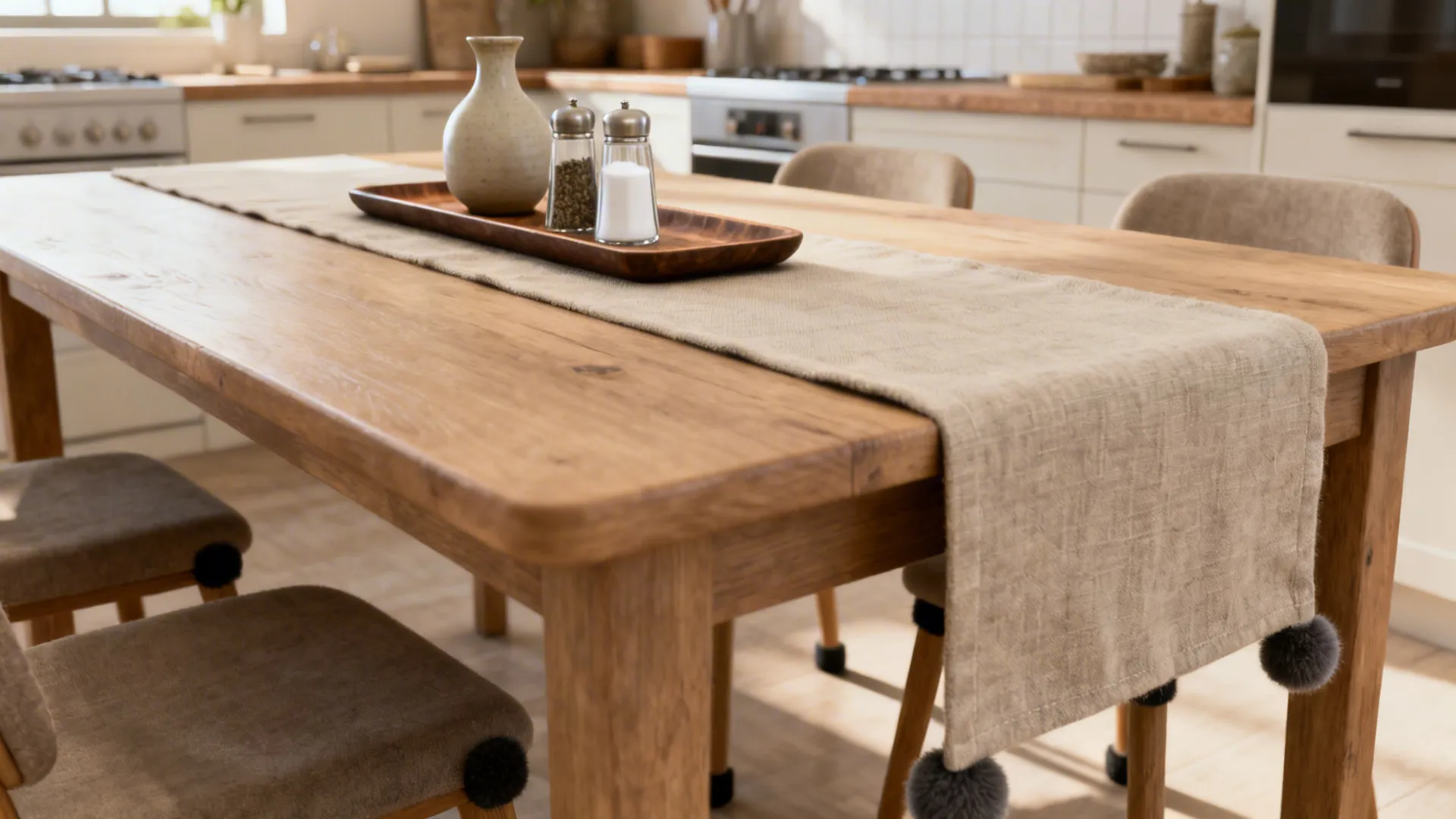 Narrow tray with essentials on a dining table and a soft runner for acoustics.
