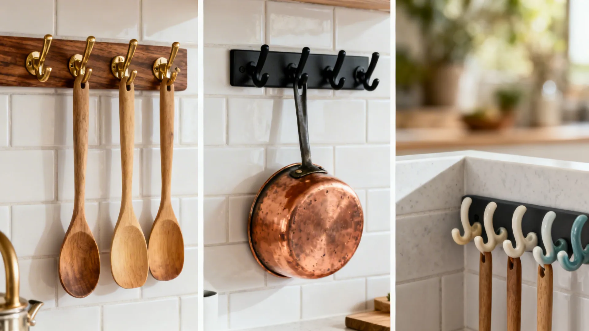 Brass hooks on walnut with wooden spoons and matte black hooks on white tile with copper pan.