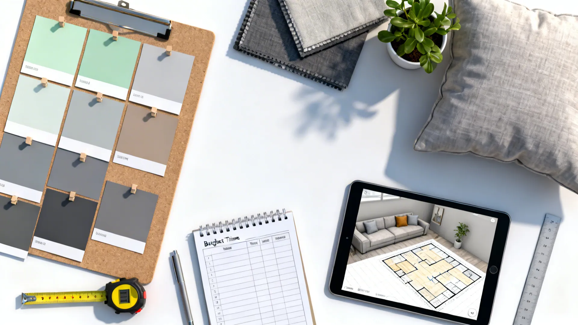 Top-down styling kit with paint swatches, cushions, plant and a tablet showing a 3D planner.