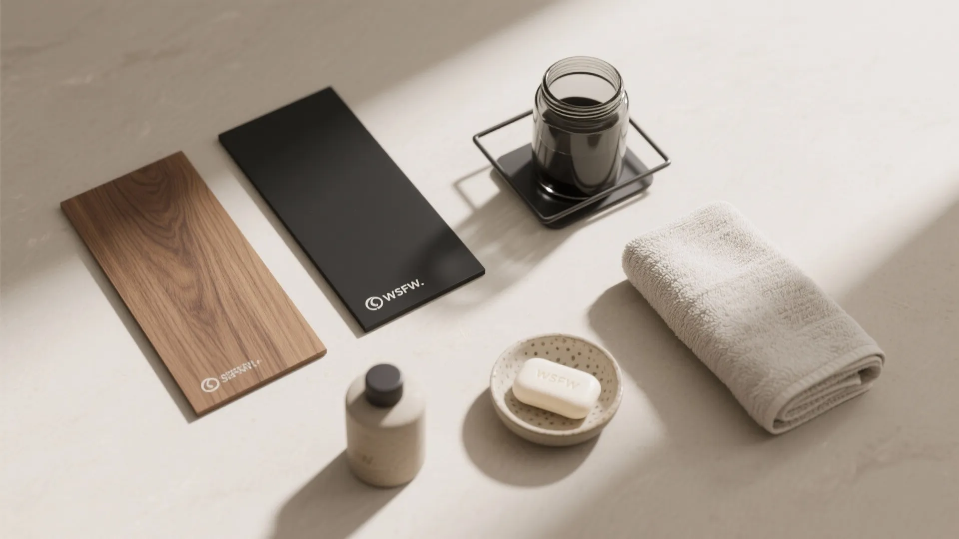 Minimalist bathroom accessories with wood and black samples white soap towel and glass candle jar