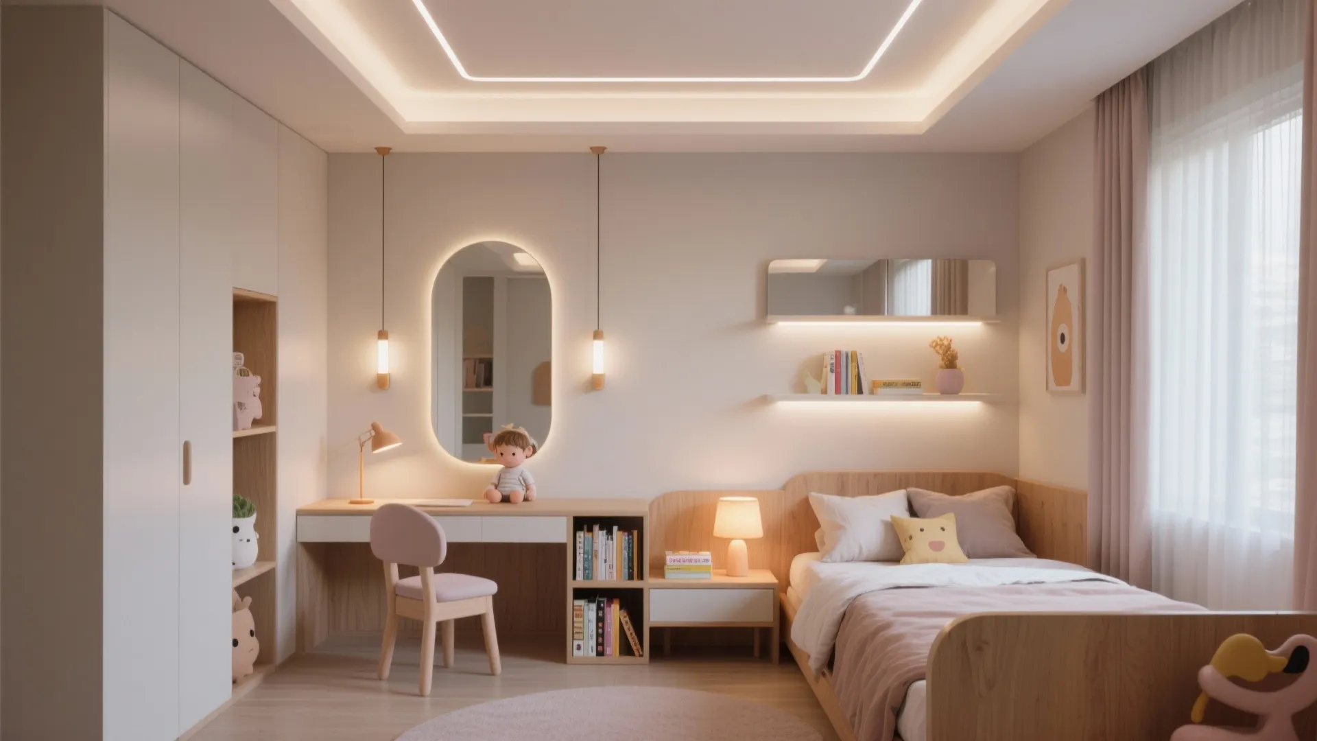 Modern kids bedroom with wooden bed pink chair study desk oval mirror and warm ceiling light