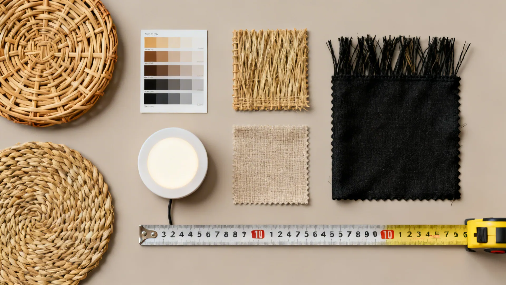 Flatlay of color swatches, material samples, object groupings and lighting sample for shelf styling.