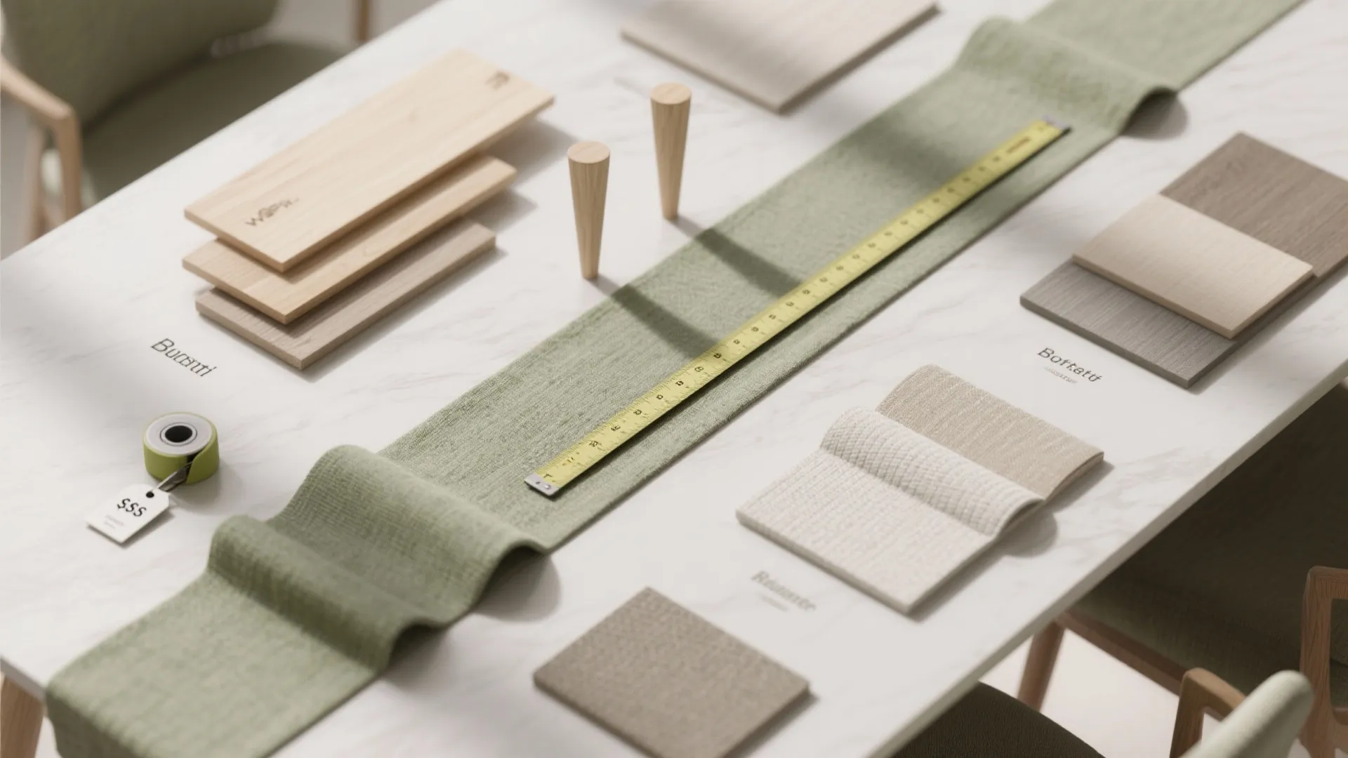 Top-down flatlay of wood samples, leg profiles, fabric runners and measuring tape for styling and budget choices.