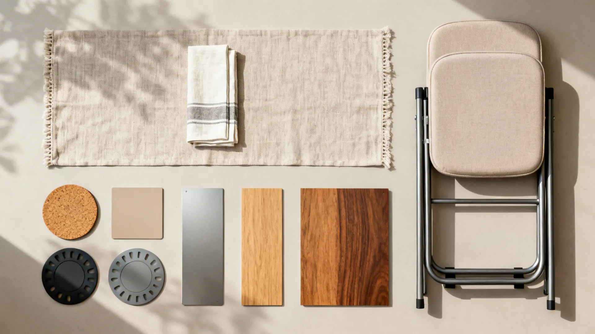 Flat lay of a linen runner, seat pads, cork and silicone trivets, and wood-metal finish swatches.