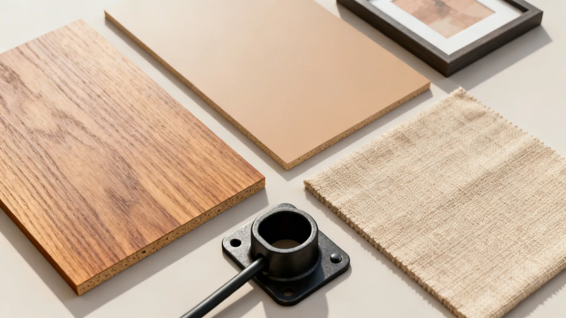 Flat lay of warm neutral materials: wood veneer, painted MDF, fabric, hardware, and a small art print.