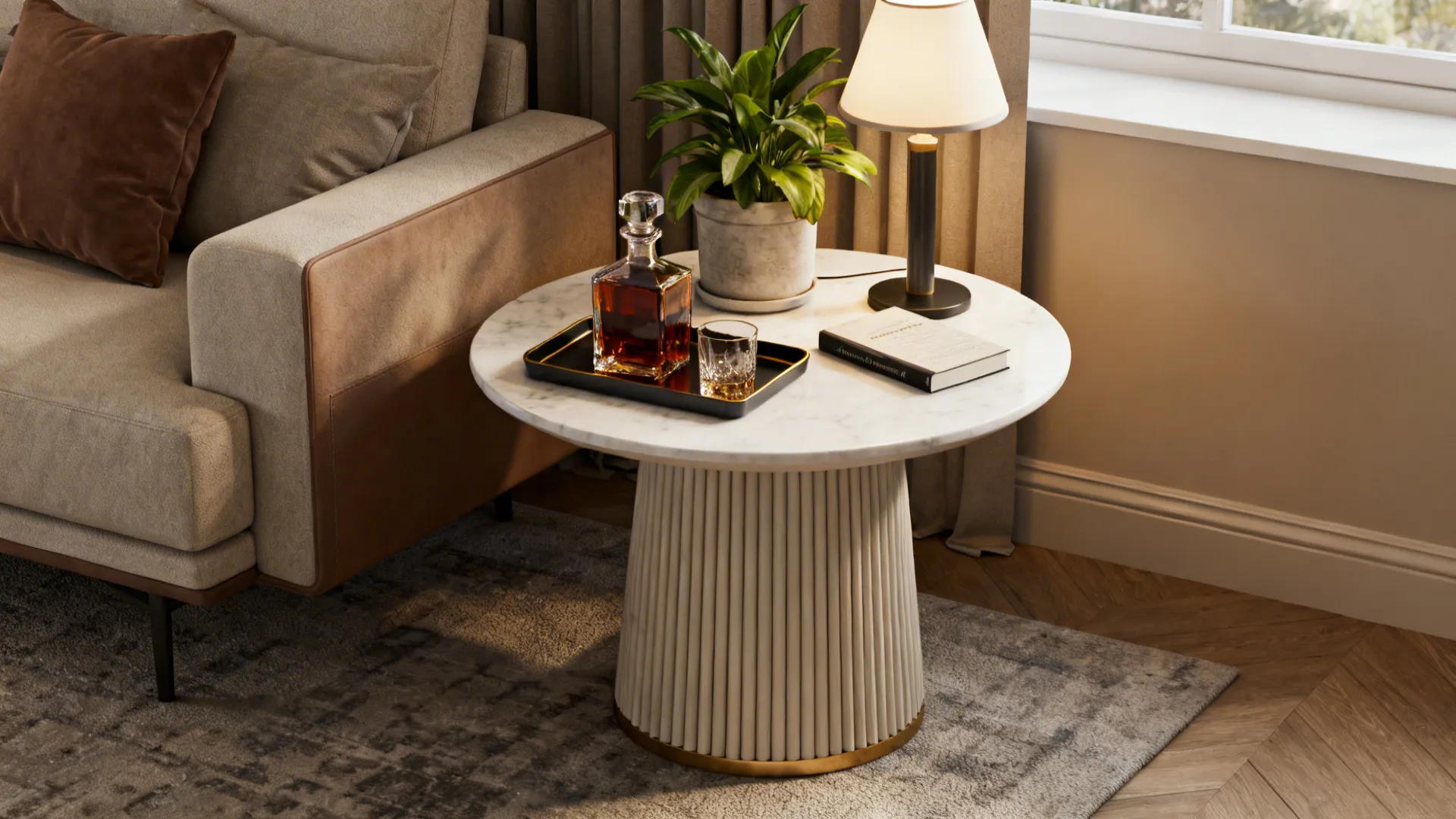 Styled round end table used as a plant pedestal and mini bar with minimal accessories.