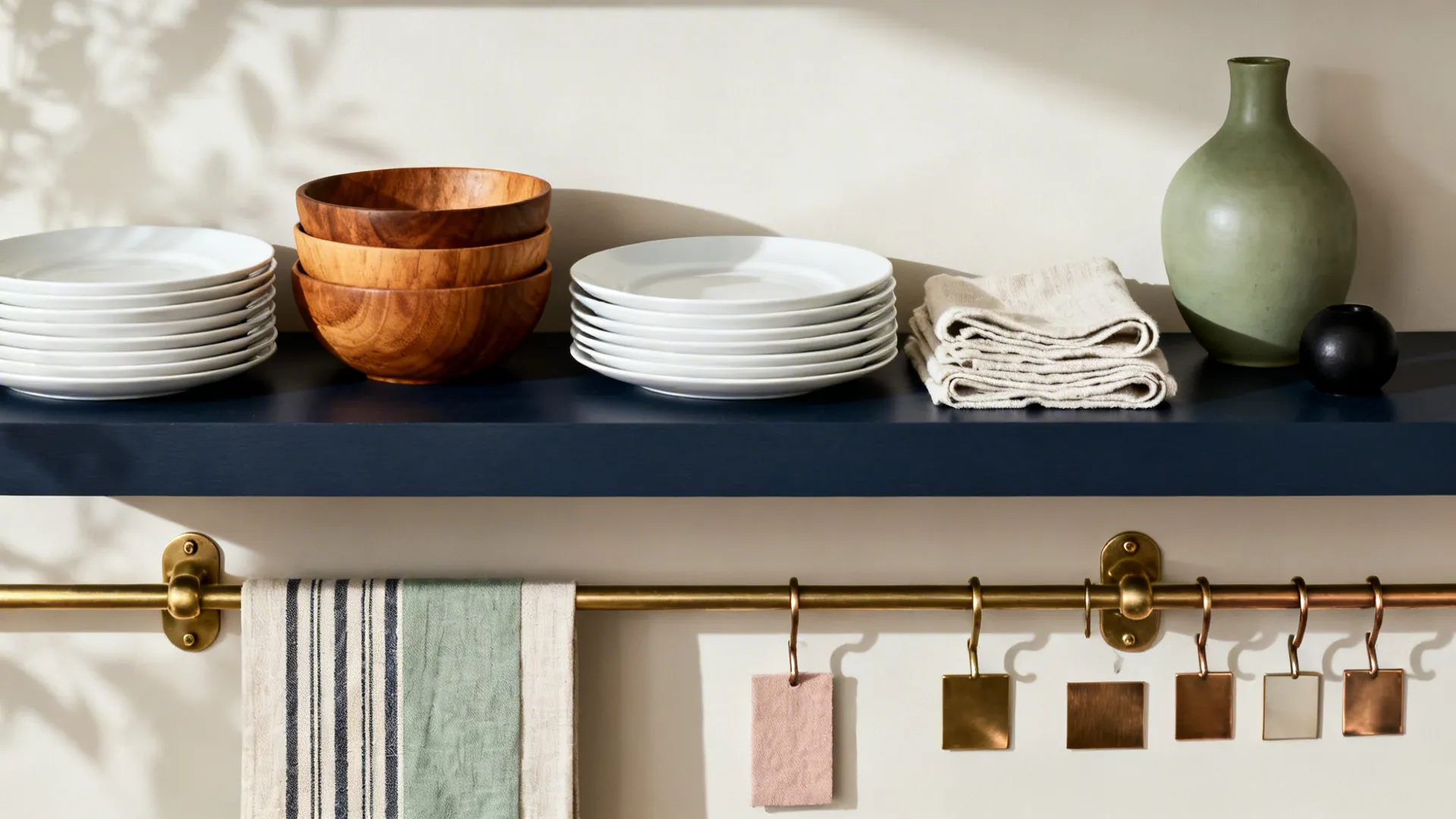 Hardware, Textiles, and Styling With Navy Shelves