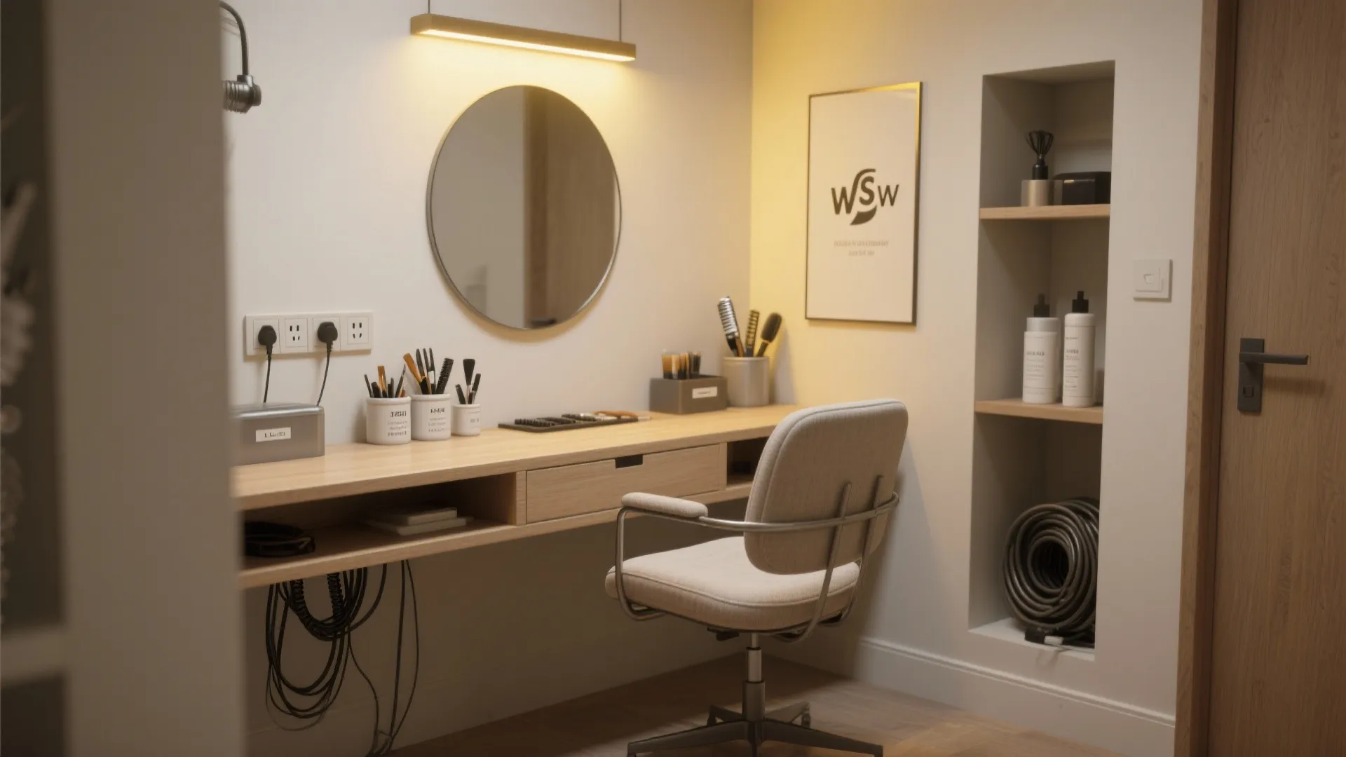 Narrow styling nook with slim console, wall mirror, and a single comfortable chair