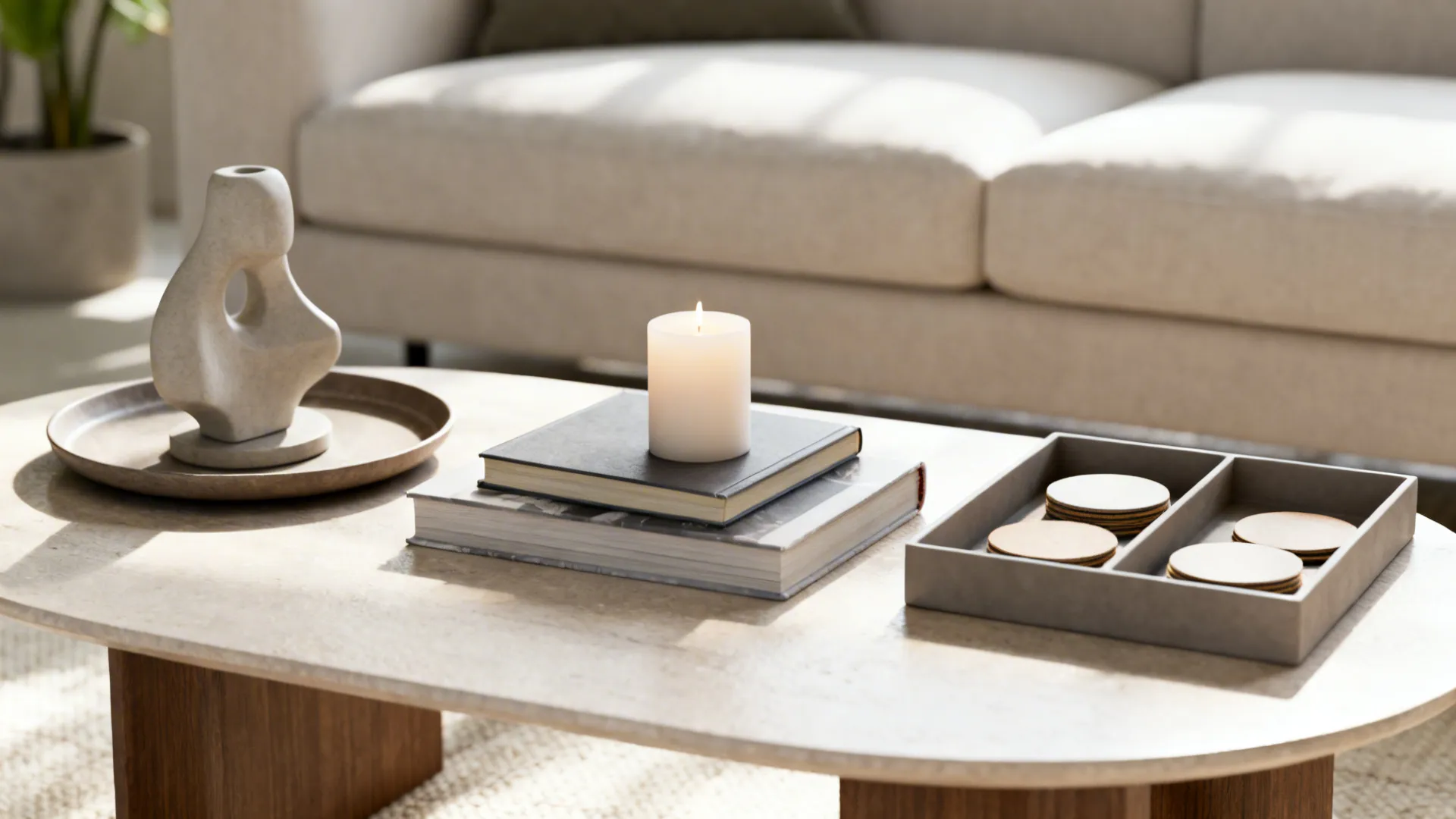 Comparison of small coffee table styling options: sculpture, tray, books, divided tray in a neutral living room