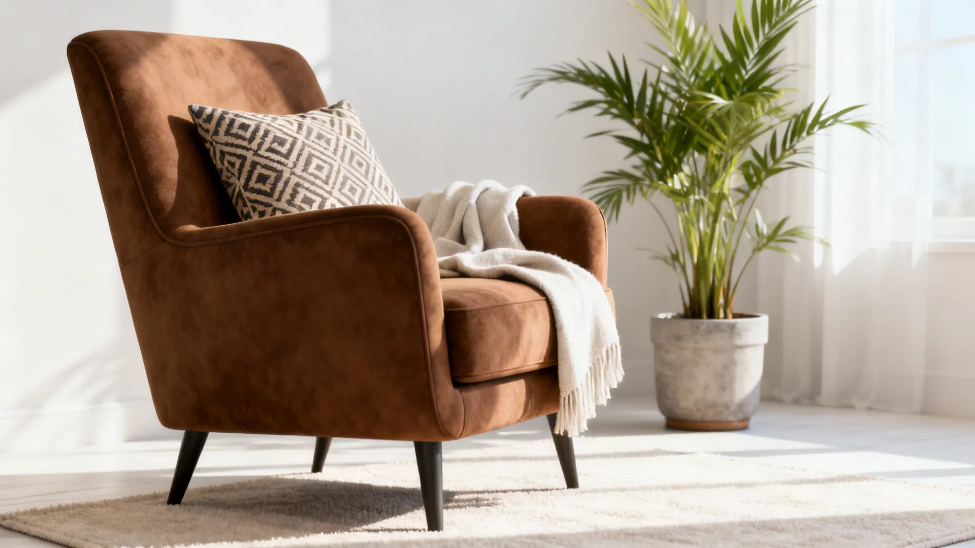 Brown accent chair styled with a patterned pillow, light throw and a plant