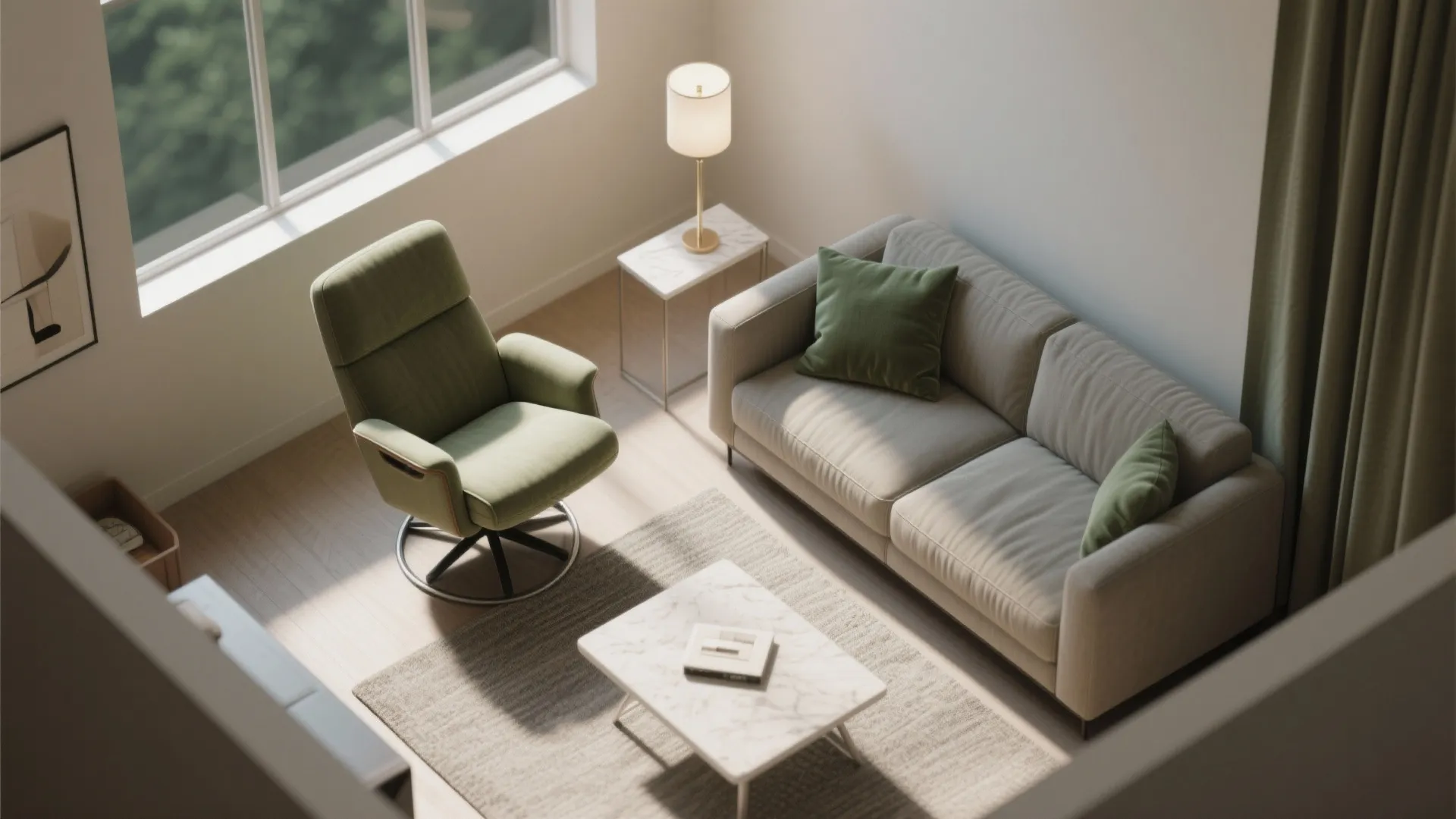 Top view of a modern living room with green sofa chair beige sofa and coffee table