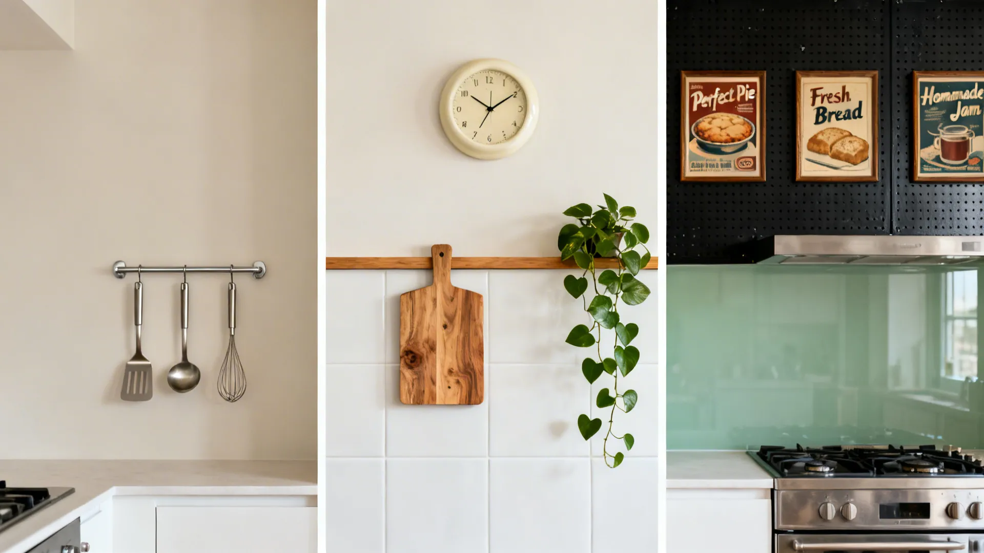 Three-stage styling from subtle rail to bold pegboard and posters.