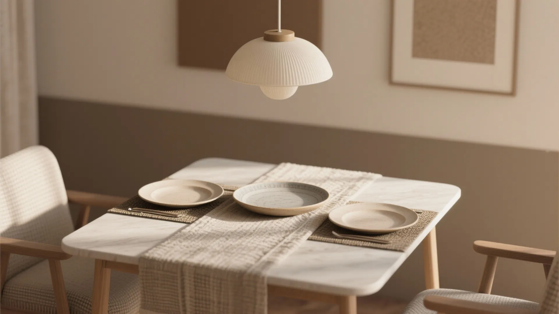 Close-up of a runner, coordinated seating fabrics and statement light showing how styling upgrades a simple table