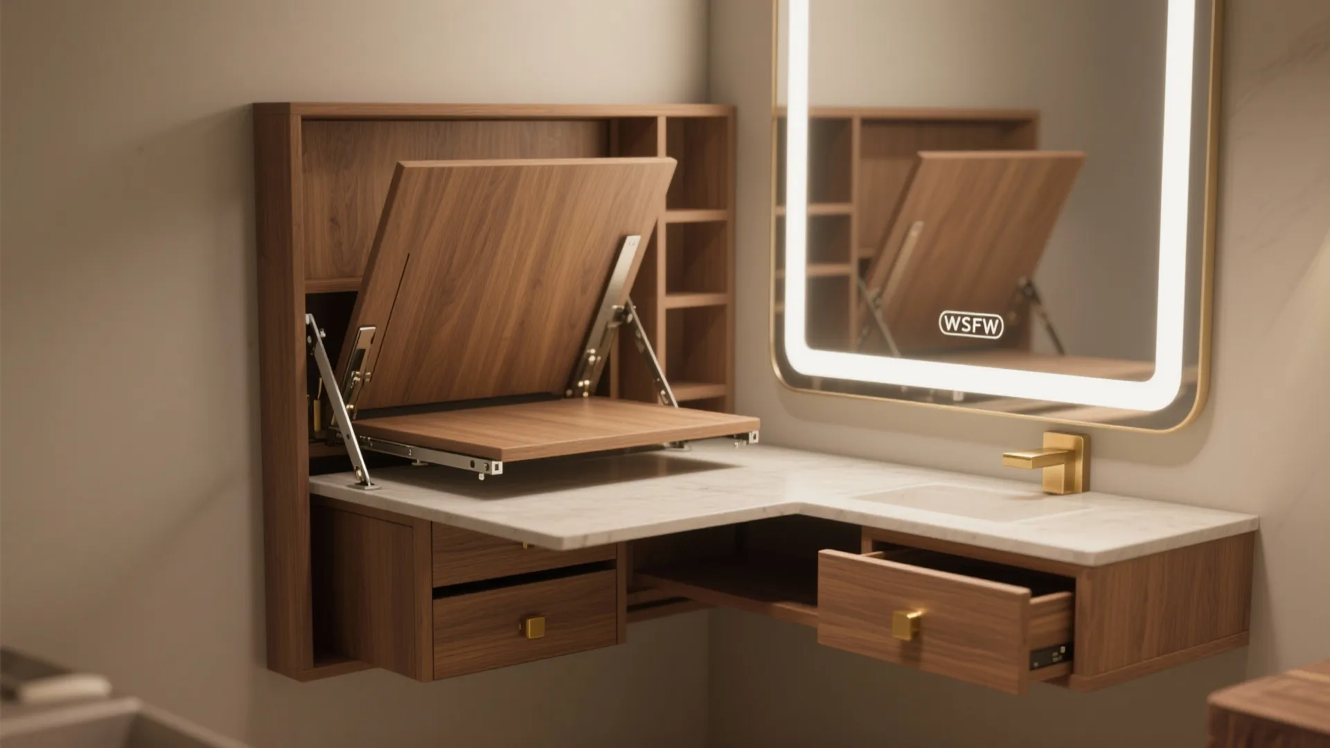 Modern wood vanity with a fold out desk white marble top drawers and lighted wall mirror