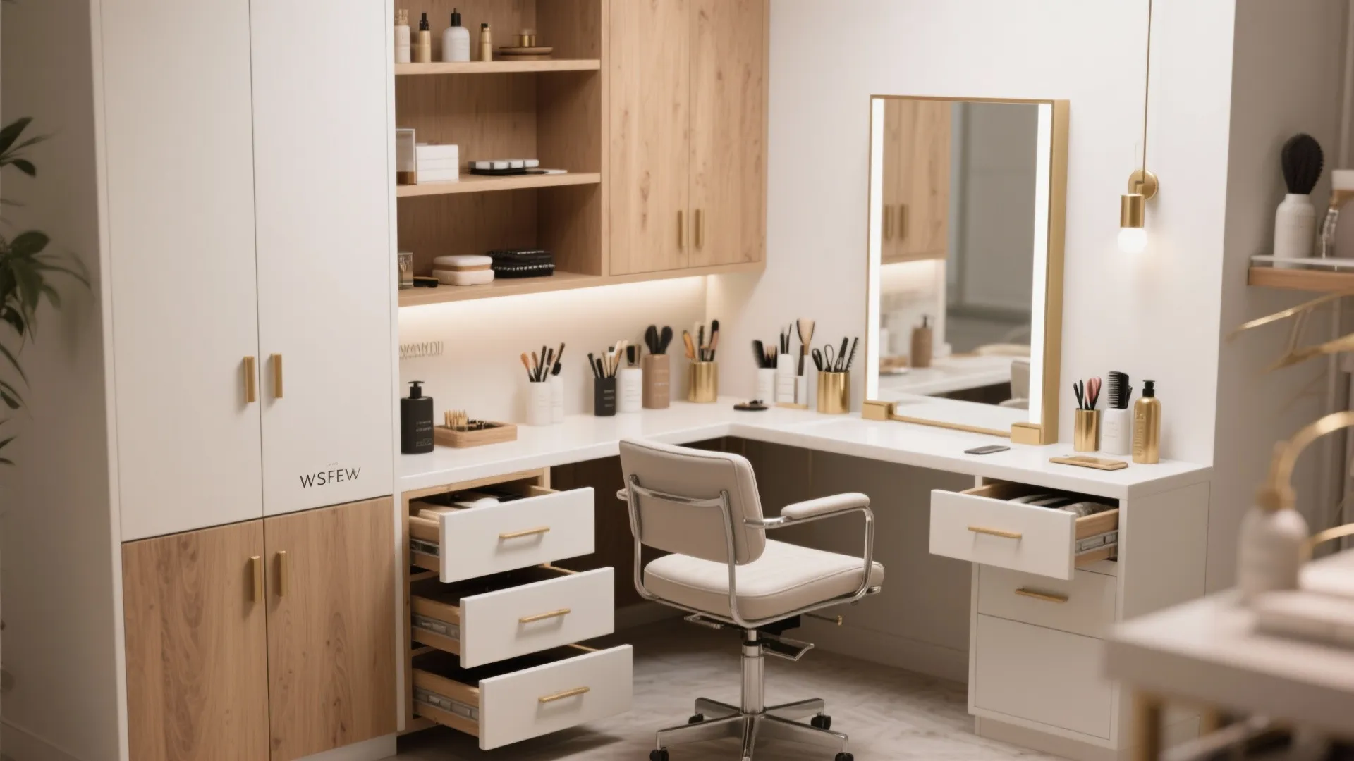 Compact multi-functional salon styling station with fold-away mirror and built-in storage in a small studio.