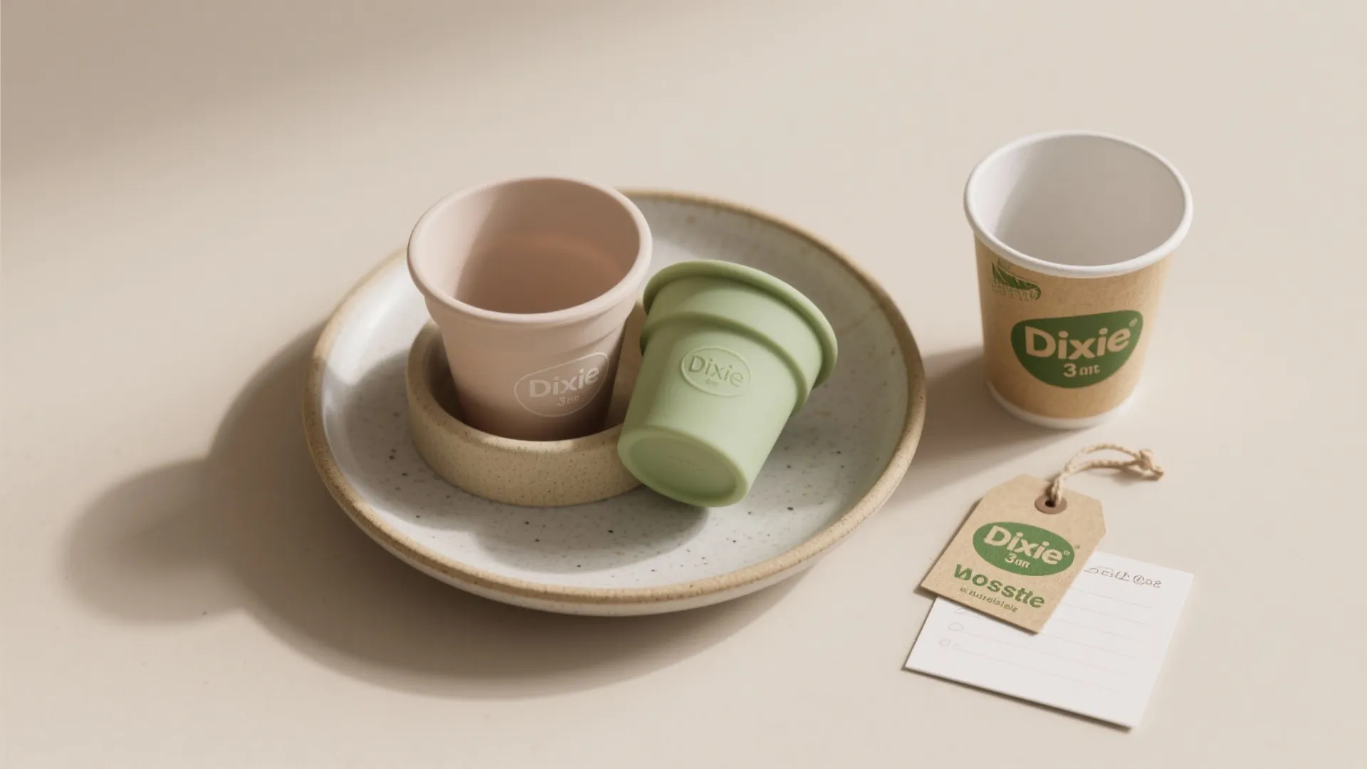 Small reusable cups on a ceramic plate next to a paper tag and paper cup