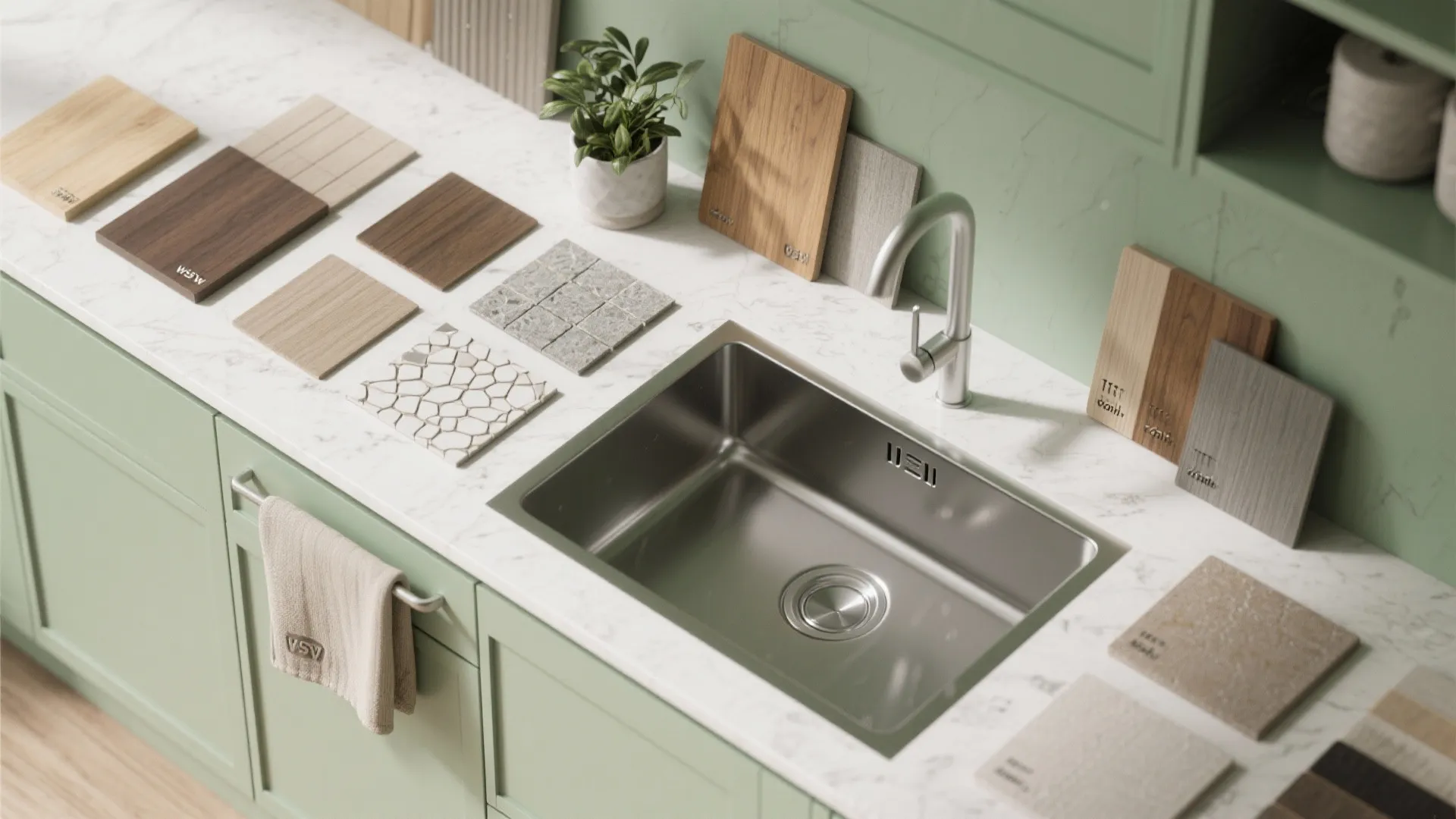 Green kitchen cabinets with marble countertop showing a sink and several interior design material samples