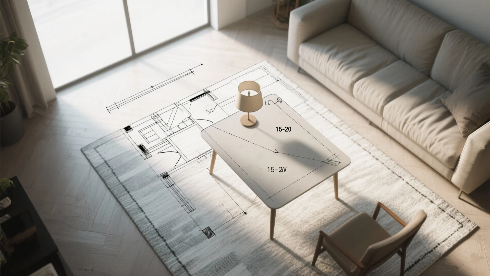 Modern living room featuring a beige sofa and white table with interior design drawing projection
