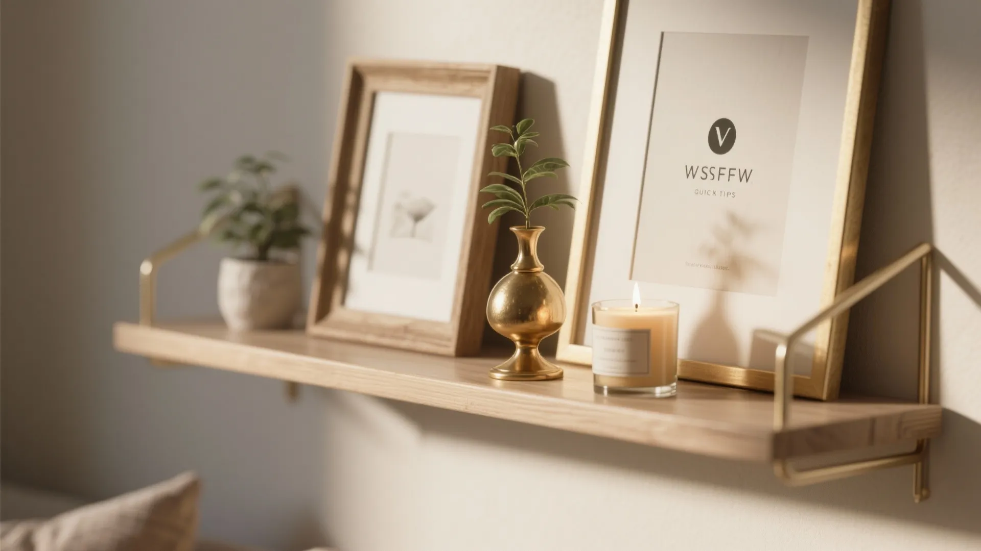 Styled shelf vignette with small frames, a brass object, candle and plant illustrating quick styling tips.