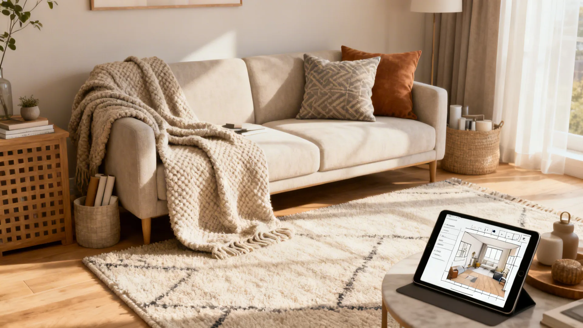 Collage of styling tips with throws, pillows, rug and a room planner tablet