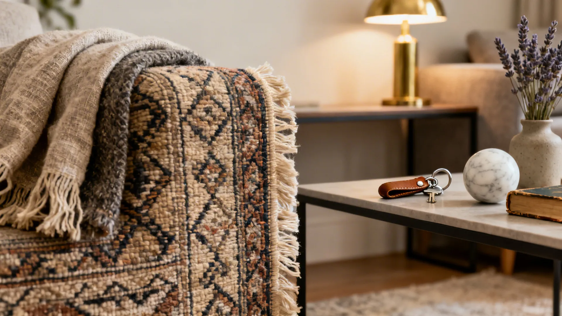 Close-up of layered rug, textured throw, and a console behind a couch with a lamp and keys.
