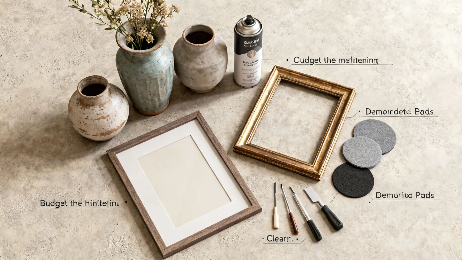 Top-down flatlay of thrifted vases, spray paint and removable pads for sideboard styling tips.