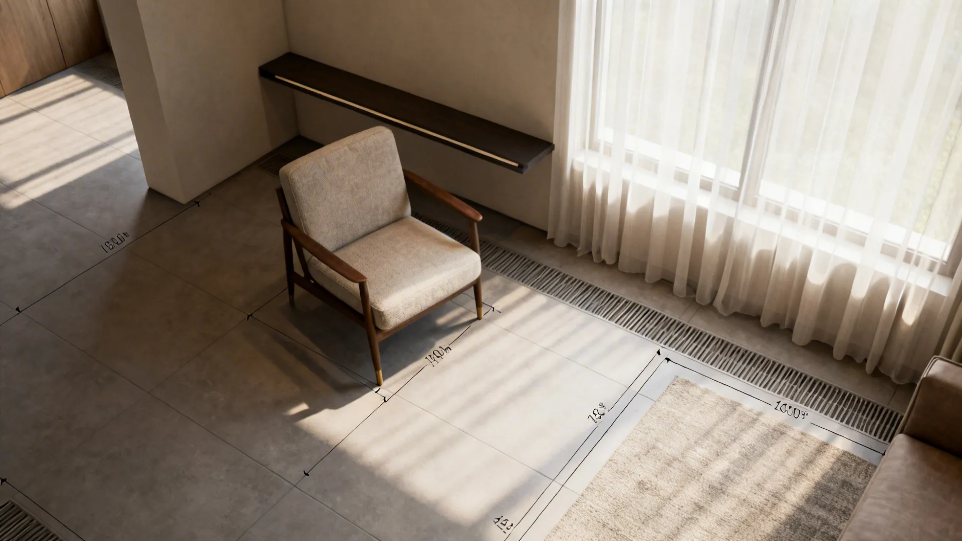 Top-down small living room layout showing chair placement, circulation paths and a narrow console behind a chair.