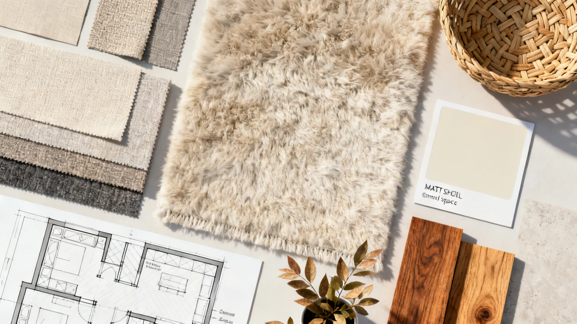 Top-down moodboard of fabric swatches, rug samples and layout sketches for white living rooms