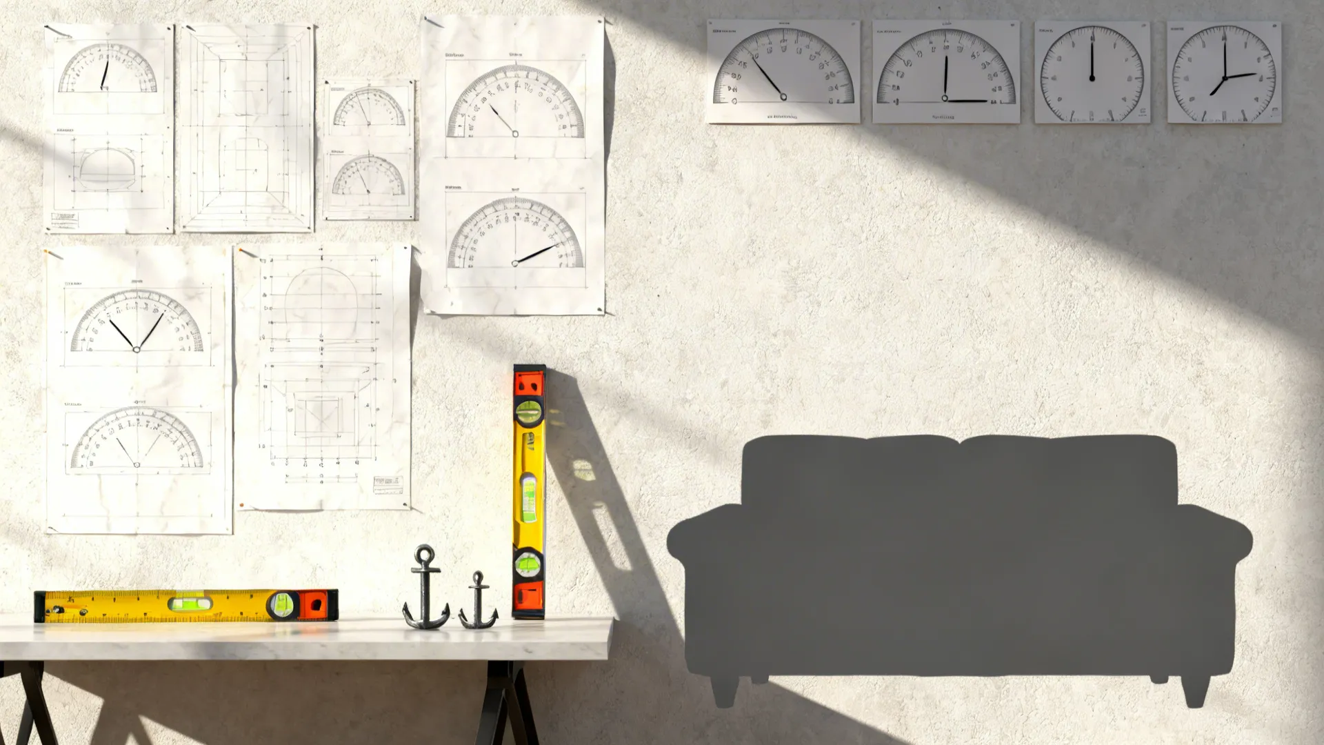 Top-down view of paper clock templates, measuring tape and level for testing scale and placement.