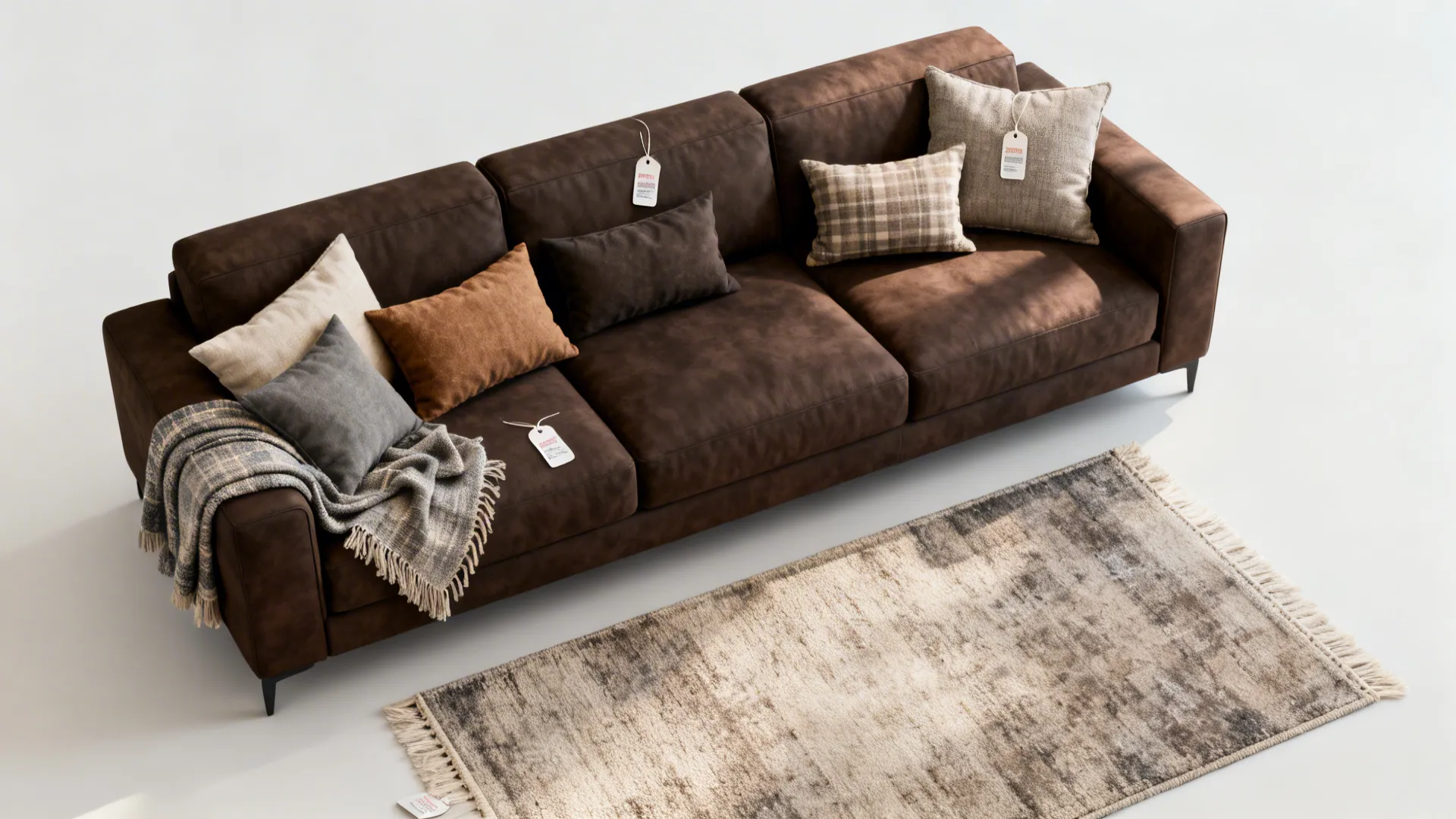 Top-down layout mockup showing cushion and rug swaps around a dark brown sofa.
