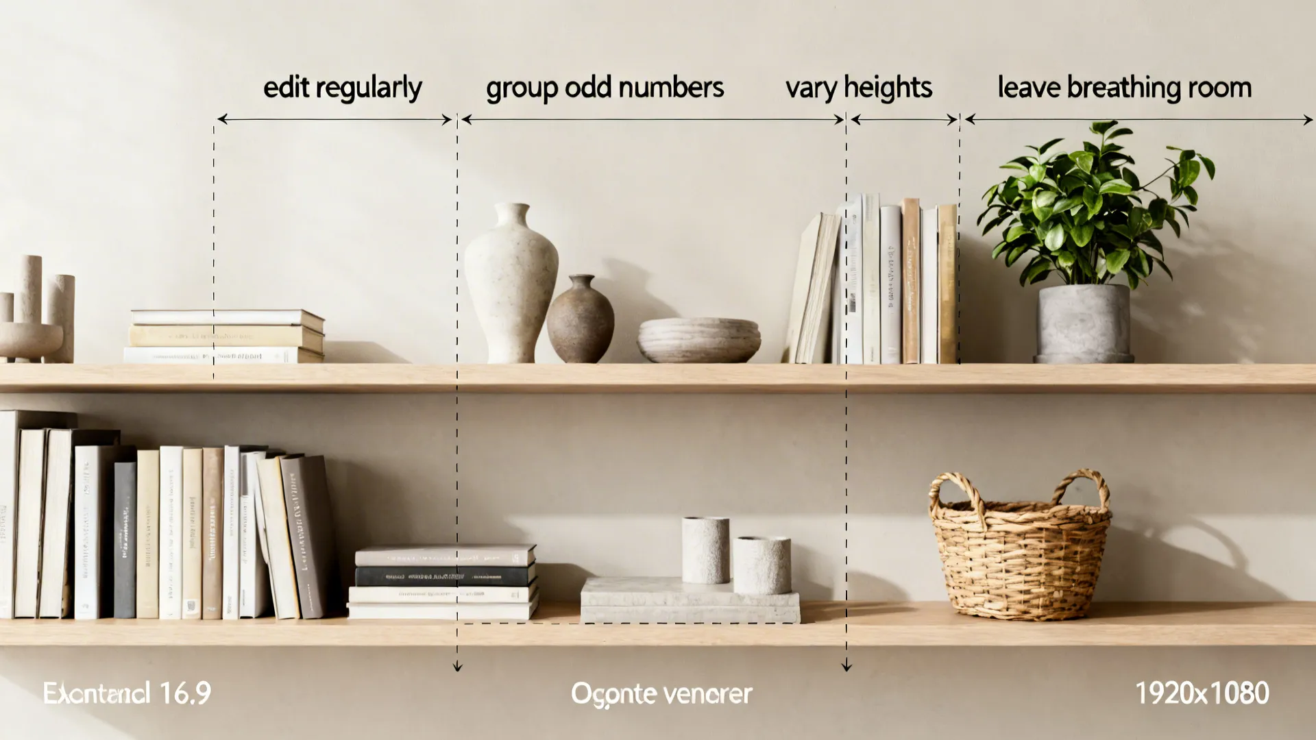 Top-down diagram of shelf styling tips showing spacing, groupings, and object placement.