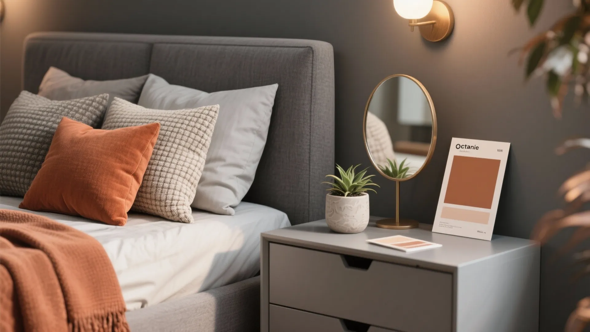 Modern bedroom nightstand with round mirror small green plant wall light and orange pillows on bed