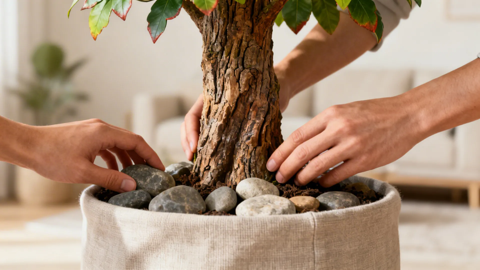 Hands styling an artificial tree base with stones and fabric planter showing trunk texture