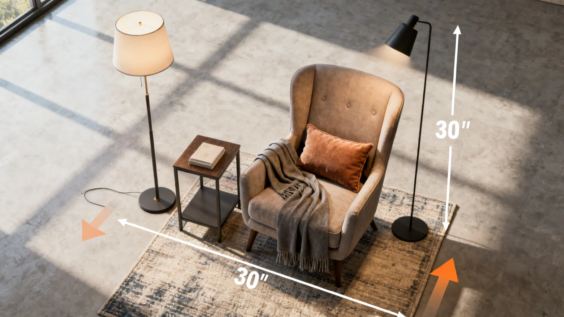 Top-down view showing accent chair placement with side table, layered lighting, throw and clearance arrows for traffic flow.