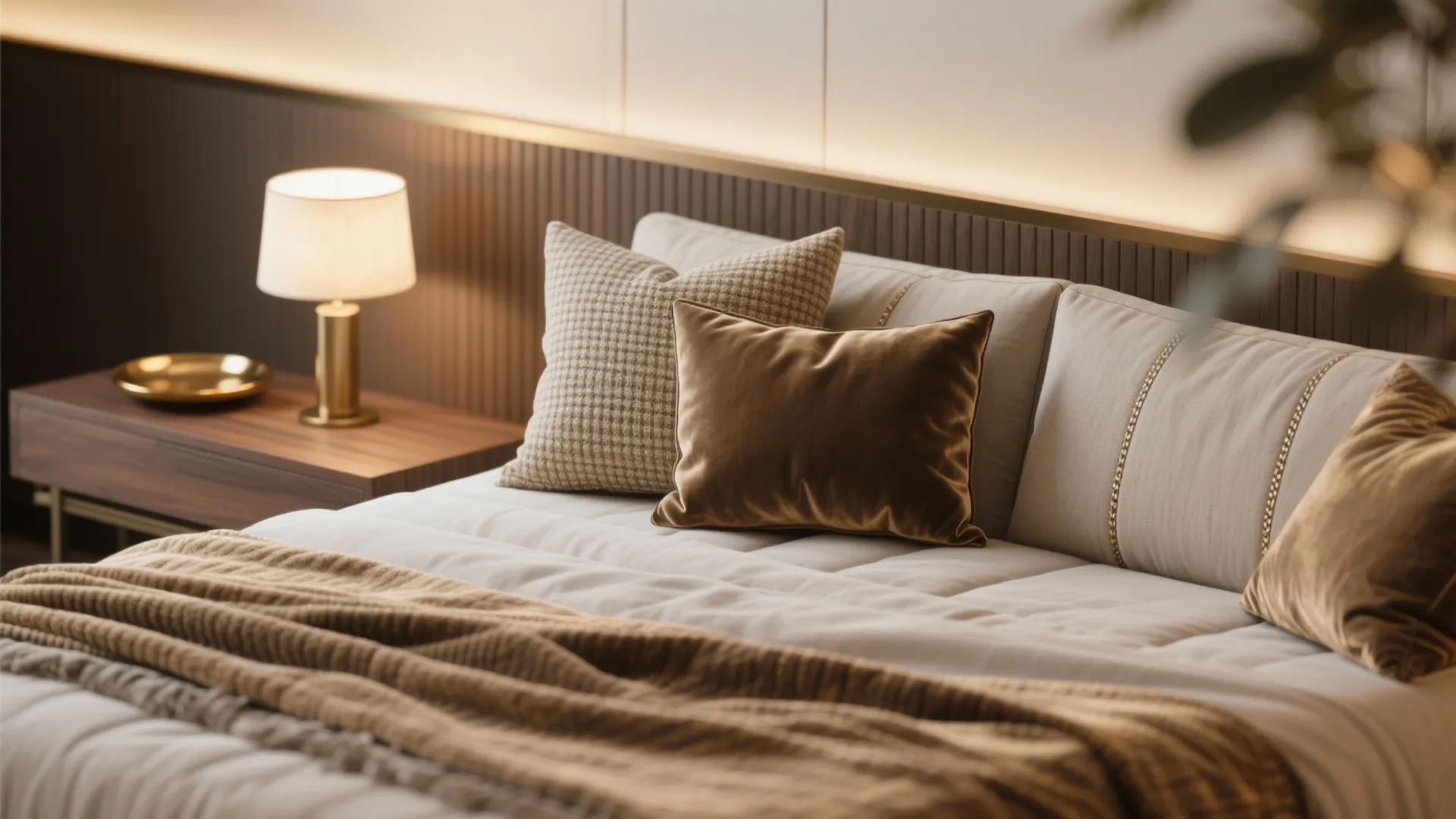 Luxurious bed with velvet pillows brown blanket wooden wall panel and a warm golden table lamp