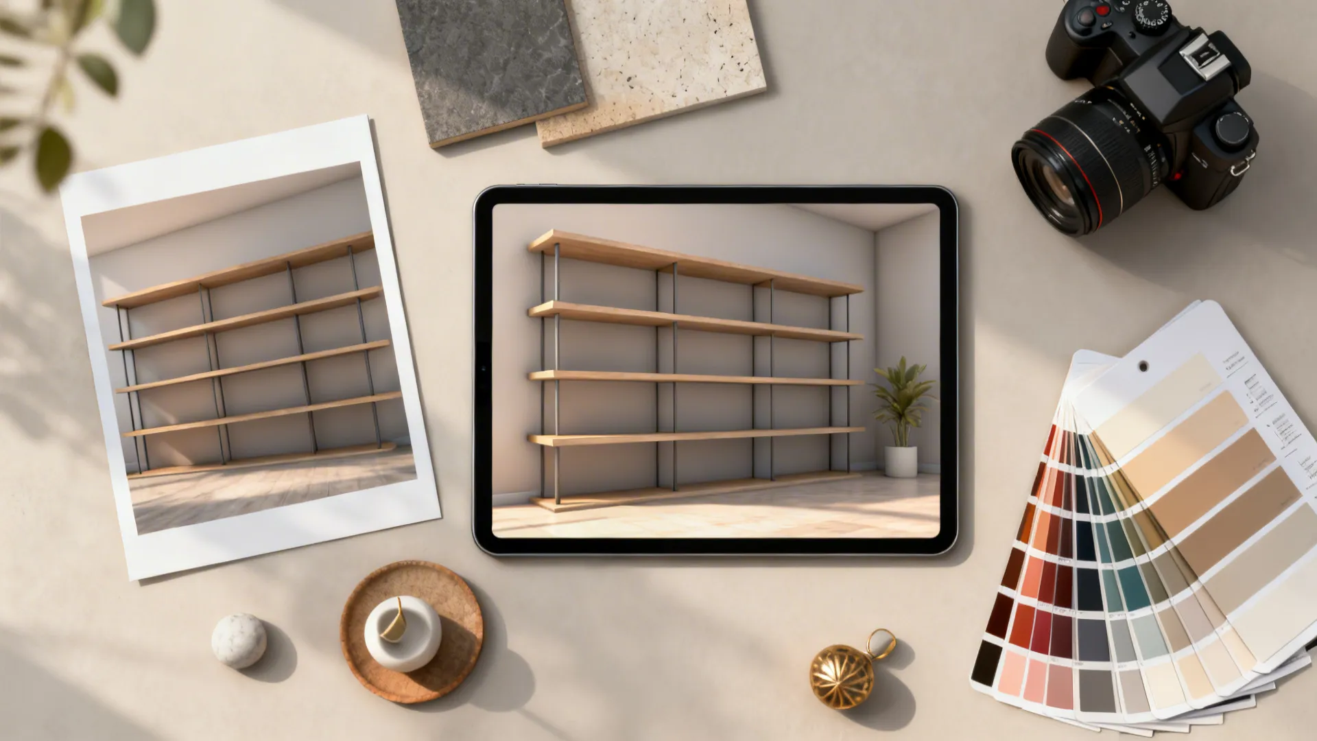 Flatlay showing a styling workflow with empty-shelf photos, a tablet 3D mock-up, swatches and decor samples.