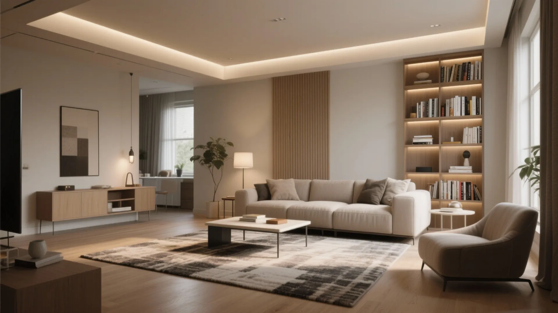Modern warm living room with beige sofa patterned rug bookshelf wall panel and soft ceiling light