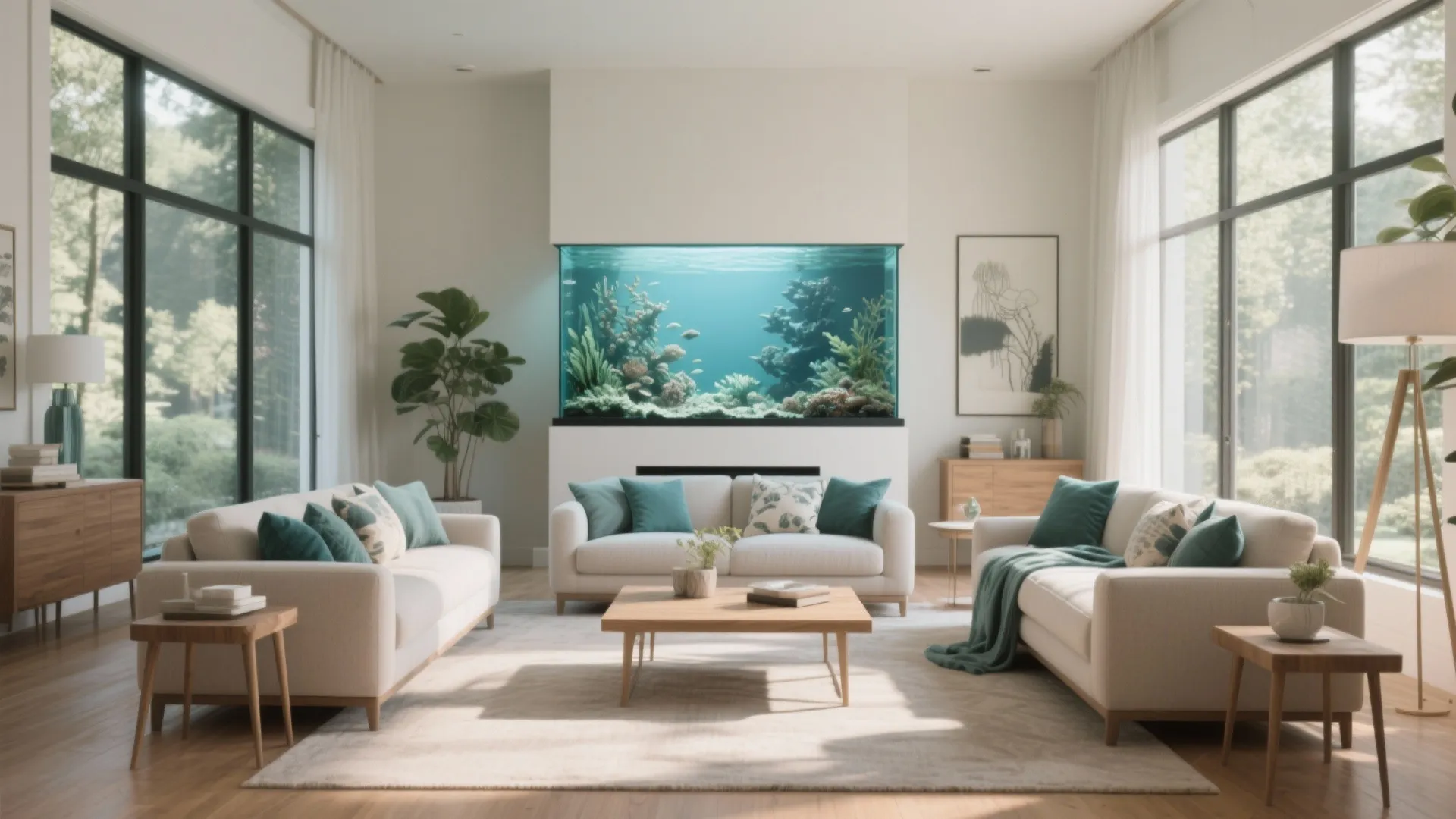 Spacious living room featuring a large fish tank three white sofas and green decor accents