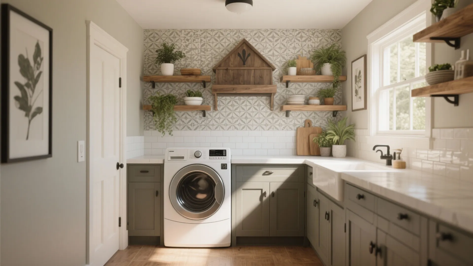 Green laundry room with washing machine white sink wooden shelves green plants and patterned wall