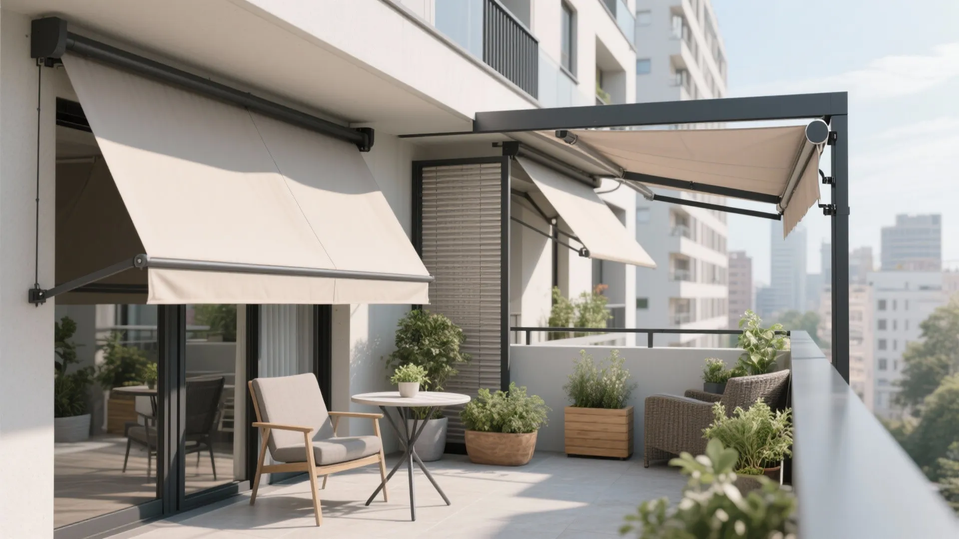 Modern balcony featuring retractable beige awnings with outdoor table chairs and many green potted plants