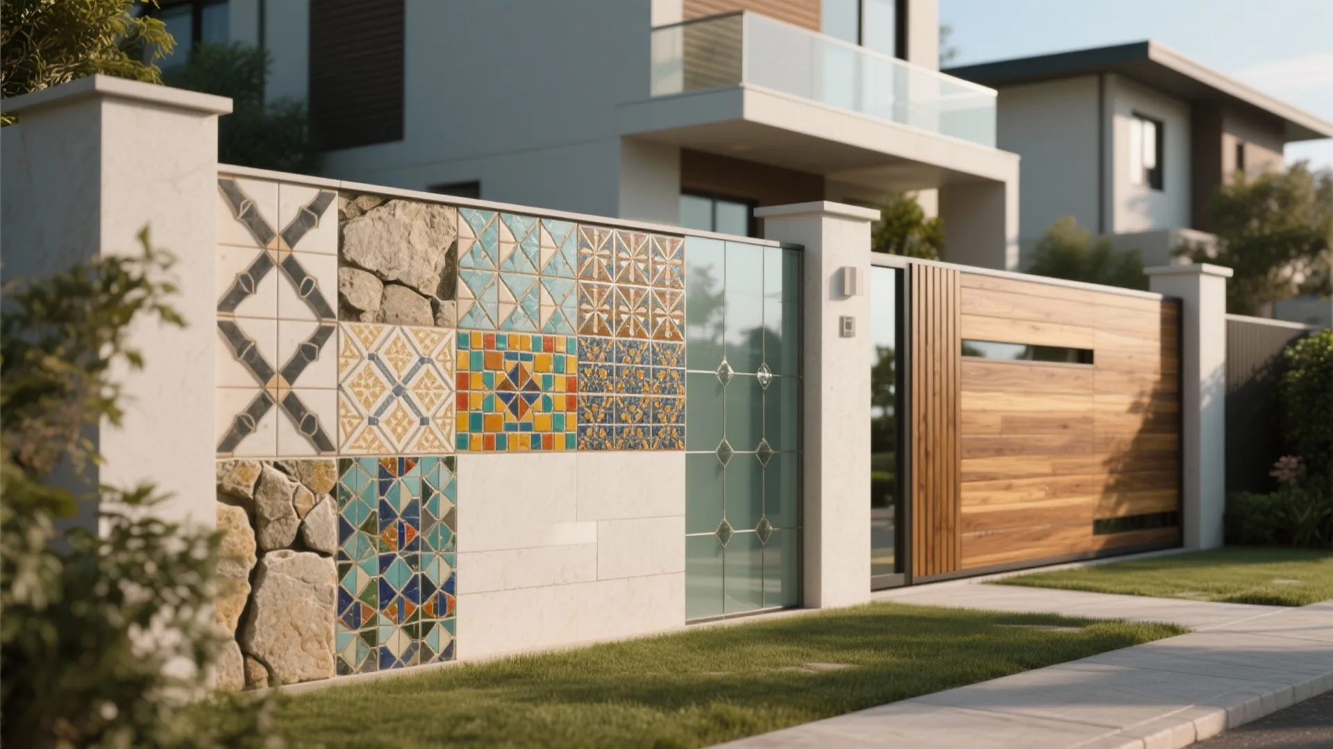 Modern house boundary wall featuring colorful patterned tiles stone sections and a natural wooden gate design