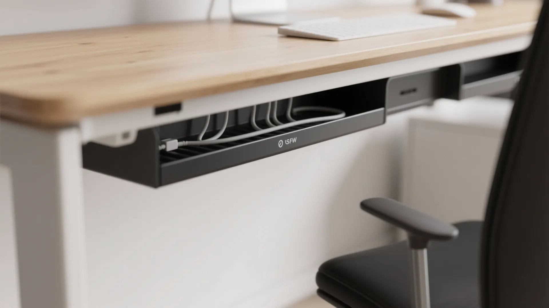 Close-up of desk with neat cable management using trays and sleeves